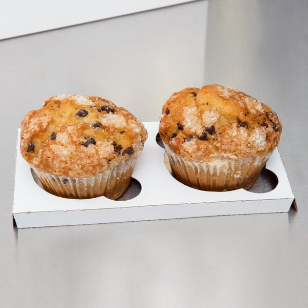 A white Baker's Mark box with a reversible insert holding two muffins.