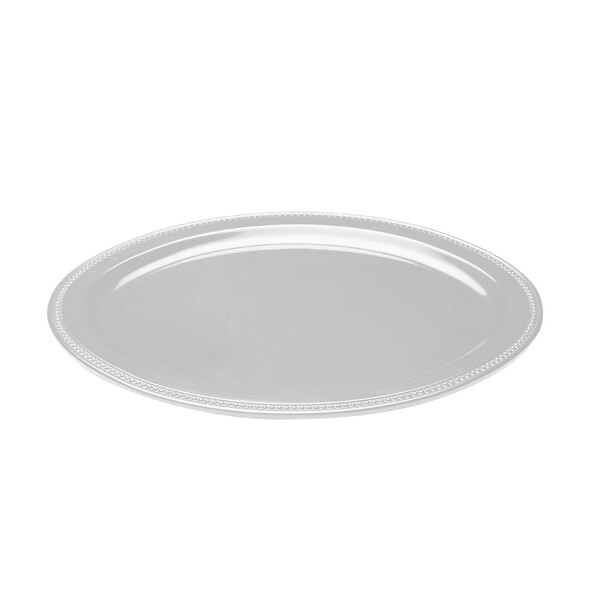 A white oval melamine platter with a silver beaded border.