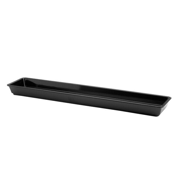 An Elite Global Solutions black rectangular melamine tray with a handle.