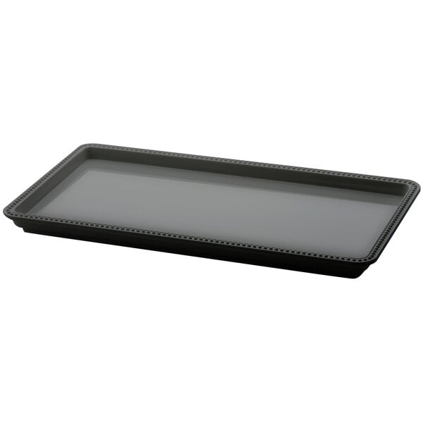 A rectangular black melamine tray with a black border.