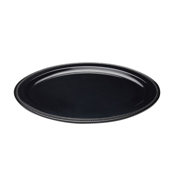 An Elite Global Solutions black melamine oval platter with a beaded rim.
