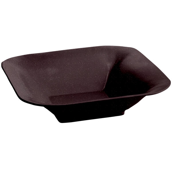 A Tablecraft midnight speckle black square bowl with a lid on a counter.