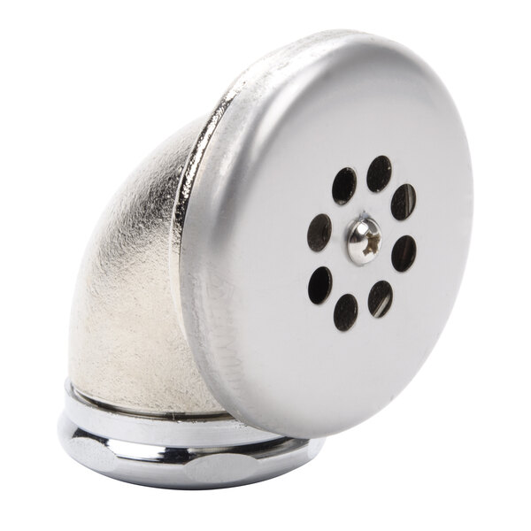 A close-up of a silver sink drain with a twist handle.