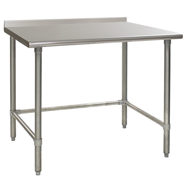 An Eagle Group stainless steel work table with open legs.