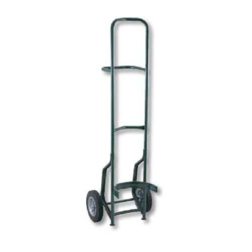 A green Harper hand truck with 10" x 2 1/2" solid rubber wheels.