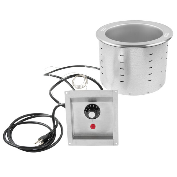 A silver metal Vollrath drop-in soup well with black wires.