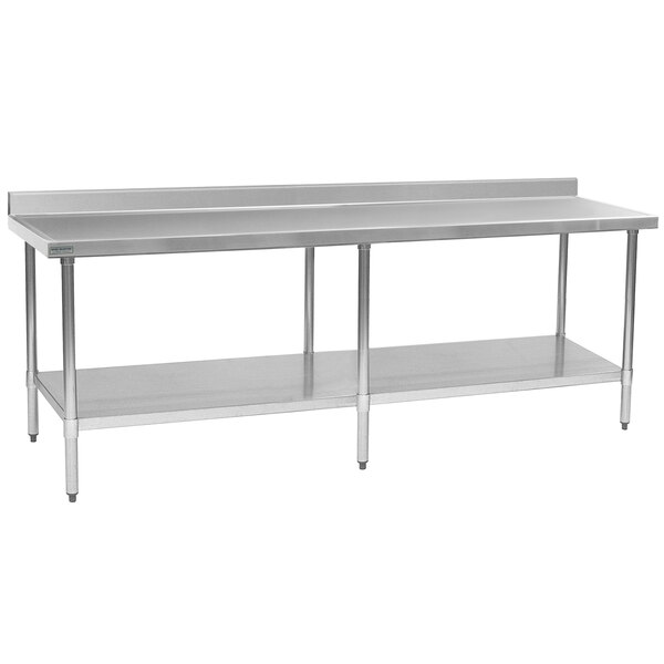 Eagle Group T3696EM-BS 36" x 96" Stainless Steel Work Table with Galvanized Undershelf and 4 1/2" Backsplash