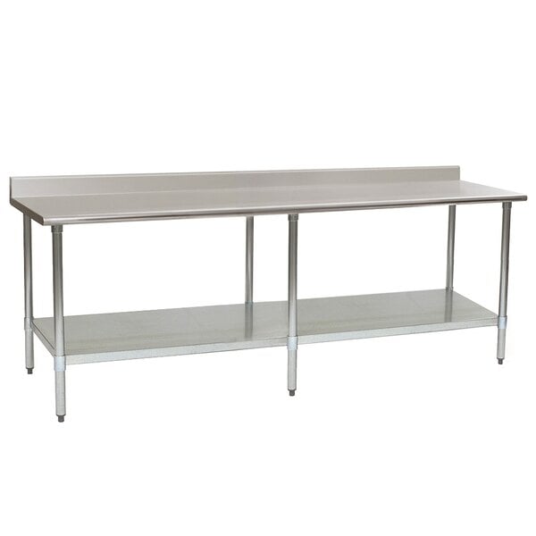 Eagle Group T3696E-BS 36" x 96" Stainless Steel Work Table with Galvanized Undershelf and 4 1/2" Backsplash