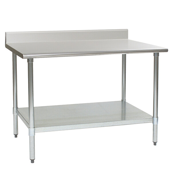 A metal Eagle Group stainless steel work table with galvanized undershelf.