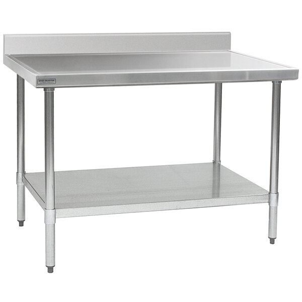 A stainless steel Eagle Group work table with a galvanized undershelf and backsplash.