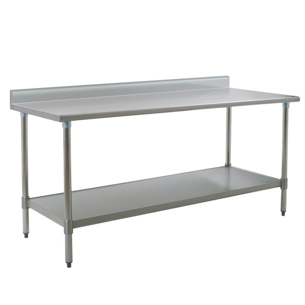 A close-up of an Eagle Group stainless steel work table with a galvanized undershelf.