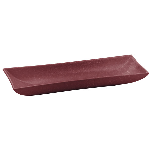 A Tablecraft maroon cast aluminum rectangular platter with a flared edge and speckles.