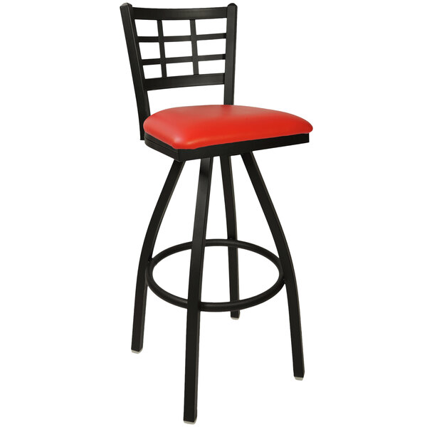 BFM Seating Marietta Sand Black Steel Bar Height Chair with 2" Red Vinyl Swivel Seat