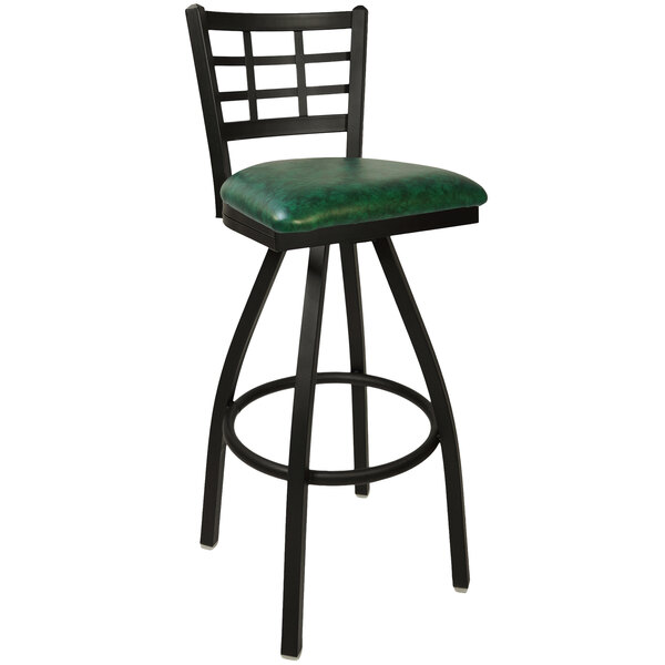 BFM Seating Marietta Sand Black Steel Bar Height Chair with 2" Green Vinyl Swivel Seat