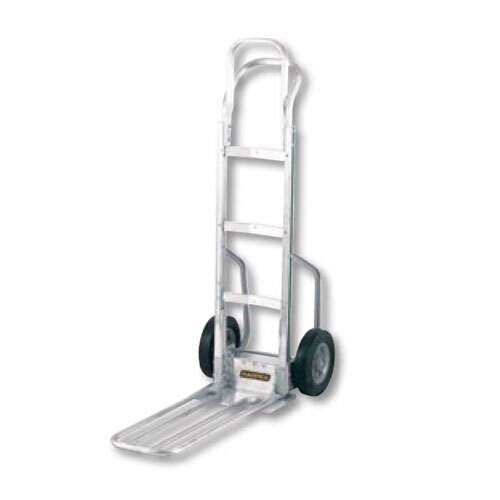 A silver Harper hand truck with solid rubber wheels and a nose extension.