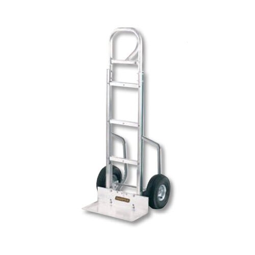 A close-up of a silver Harper hand truck with loop handle and pneumatic wheels.
