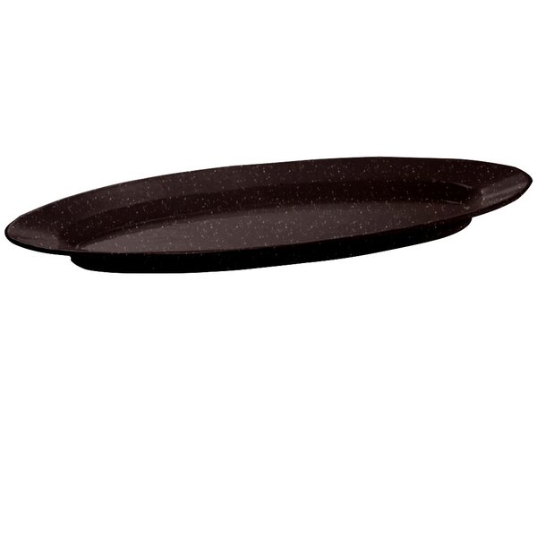 A black oval Tablecraft cast aluminum platter with white speckles.