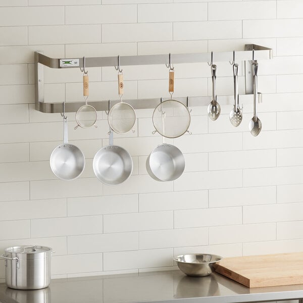 Regency 48" Stainless Steel Wall Mounted Double Line Pot Rack with 18 Galvanized Double Prong Hooks