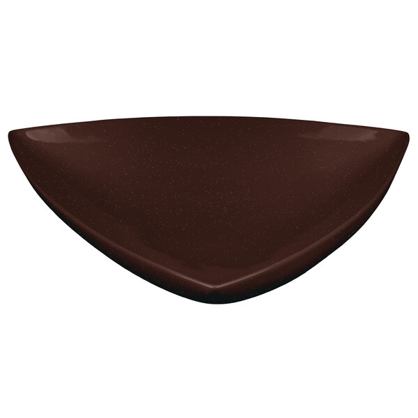 A brown triangle shaped bowl with a speckled design.