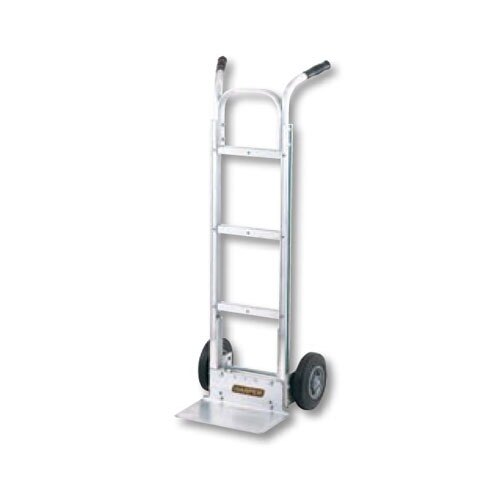 A close-up of a silver Harper G-Series Dual Handle Aluminum Hand Truck with wheels.