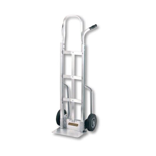 A close-up of a silver Harper G-Series hand truck with dual handles.
