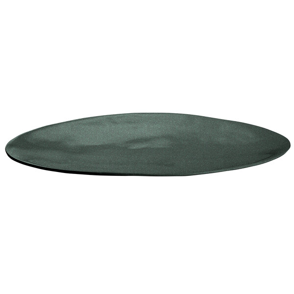 A black Tablecraft cast aluminum oblong platter with green speckles on a white background.