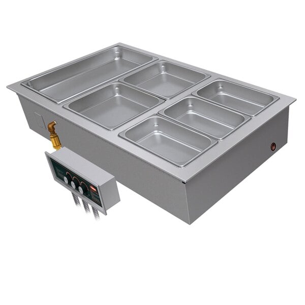 A Hatco drop-in hot food well with three compartments and a control panel.