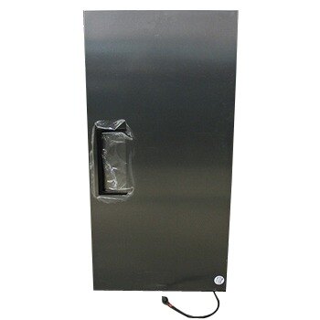 The open door of a black refrigerator with a stainless steel rectangular door assembly with a right hinged door.