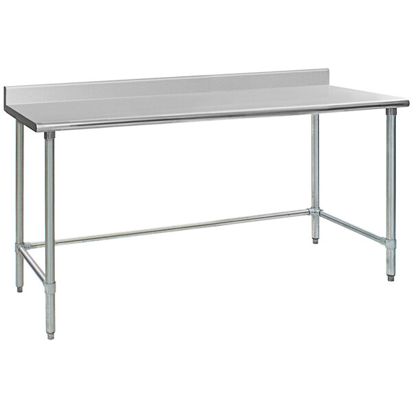 A stainless steel Eagle Group open base work table with a backsplash.