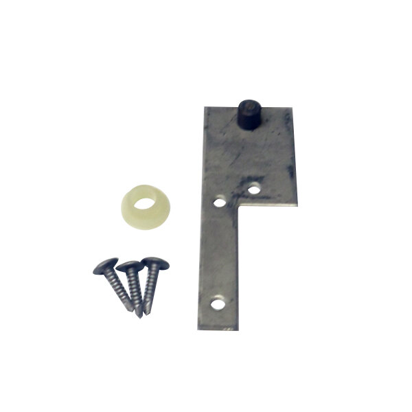 A metal plate with screws for a True top left door hinge.
