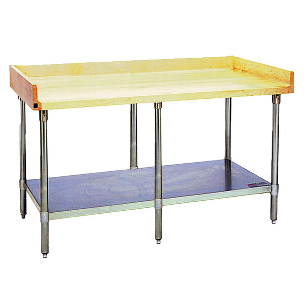 A wood and metal Eagle Group work table with a galvanized undershelf.