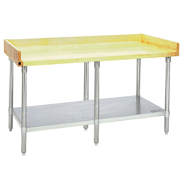 A wood top work table with a stainless steel undershelf.