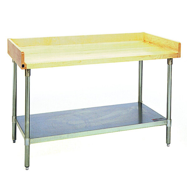 A wooden Eagle Group work table with a stainless steel undershelf.