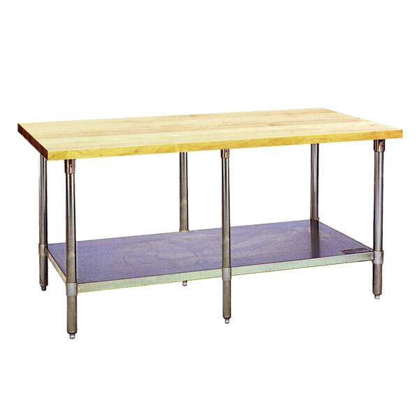 An Eagle Group wood work table with stainless steel legs and undershelf.