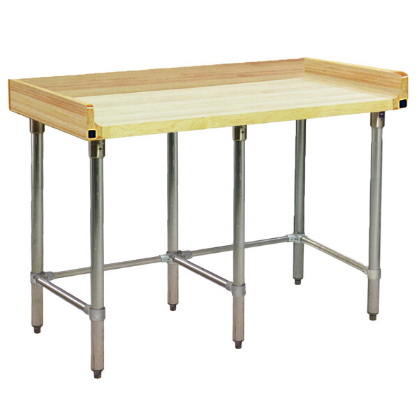 An Eagle Group wood top work table with a galvanized metal base.