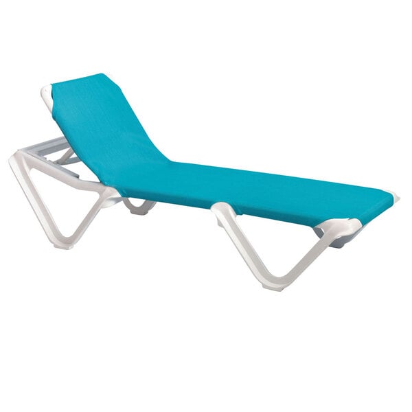 A blue and white Grosfillex Nautical sling chaise lounge chair.