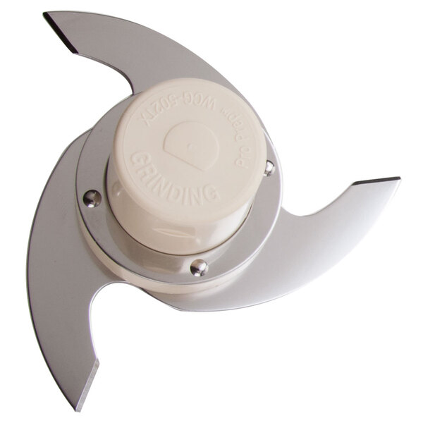 A white and silver circular blade assembly with a white lid.