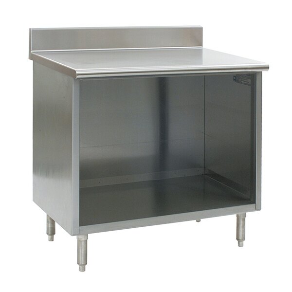 A stainless steel work table with an enclosed cabinet base and a shelf.