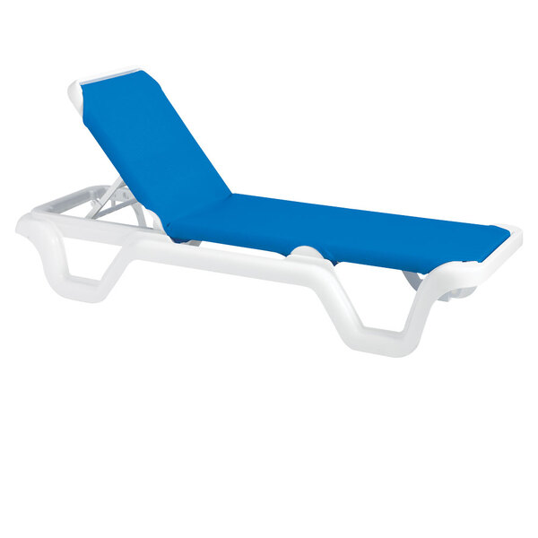 Grosfillex 99404006 / US404006 Marina White / Blue Stacking Adjustable Resin Sling Chaise - Case of 14