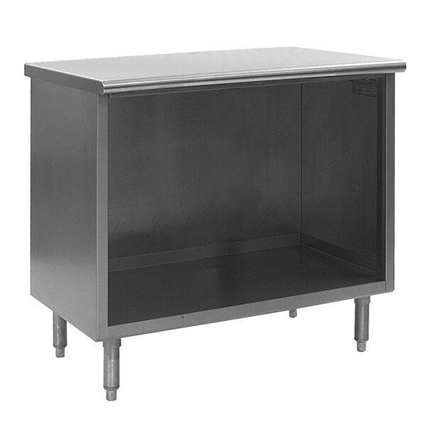 A stainless steel open front cabinet with a shelf inside.