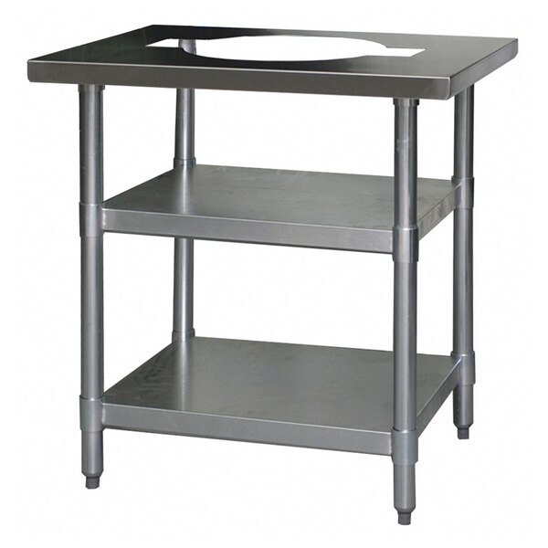A stainless steel Eagle Group rice cooker table with galvanized undershelves.