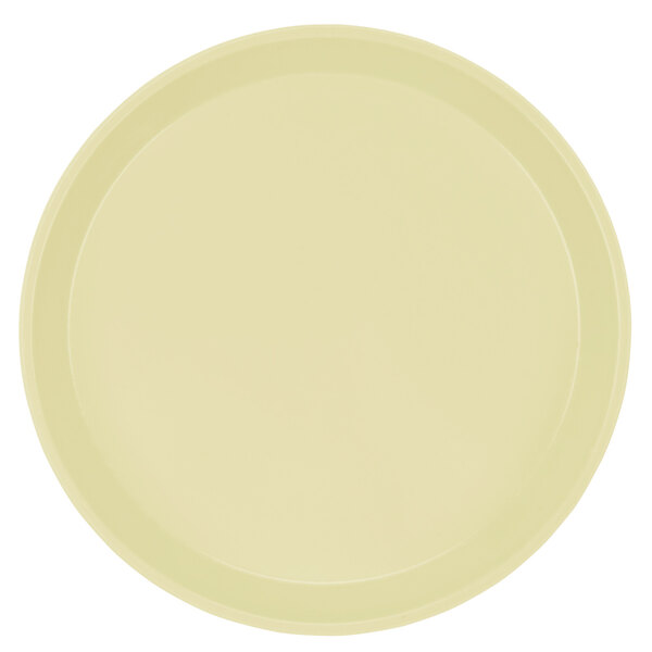 A white round fiberglass tray with a yellow rim.
