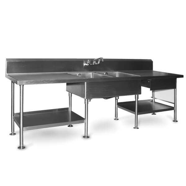 A stainless steel prep table with a sink, drawer, cutting board, and undershelf.