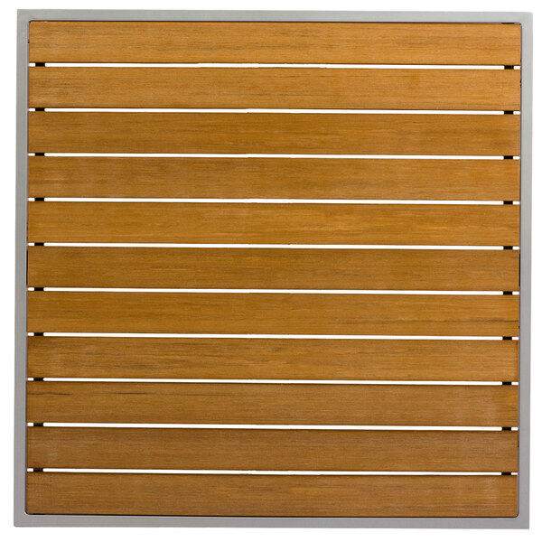 A synthetic teak wood square with a metal border.