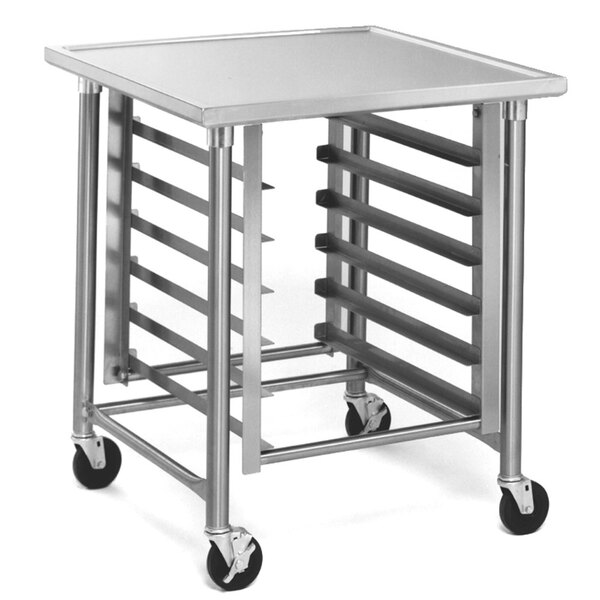 A metal Eagle Group mobile mixer stand with stainless steel legs and wheels.