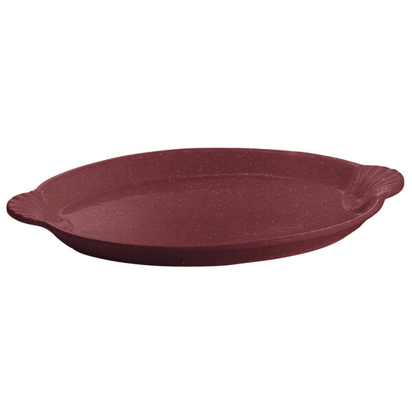 A maroon cast aluminum oval shell platter with a handle.
