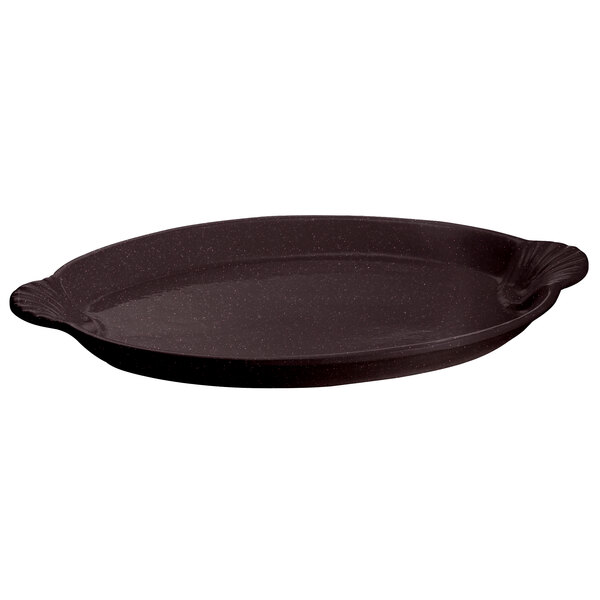 A black oval Tablecraft cast aluminum shell platter with a handle.