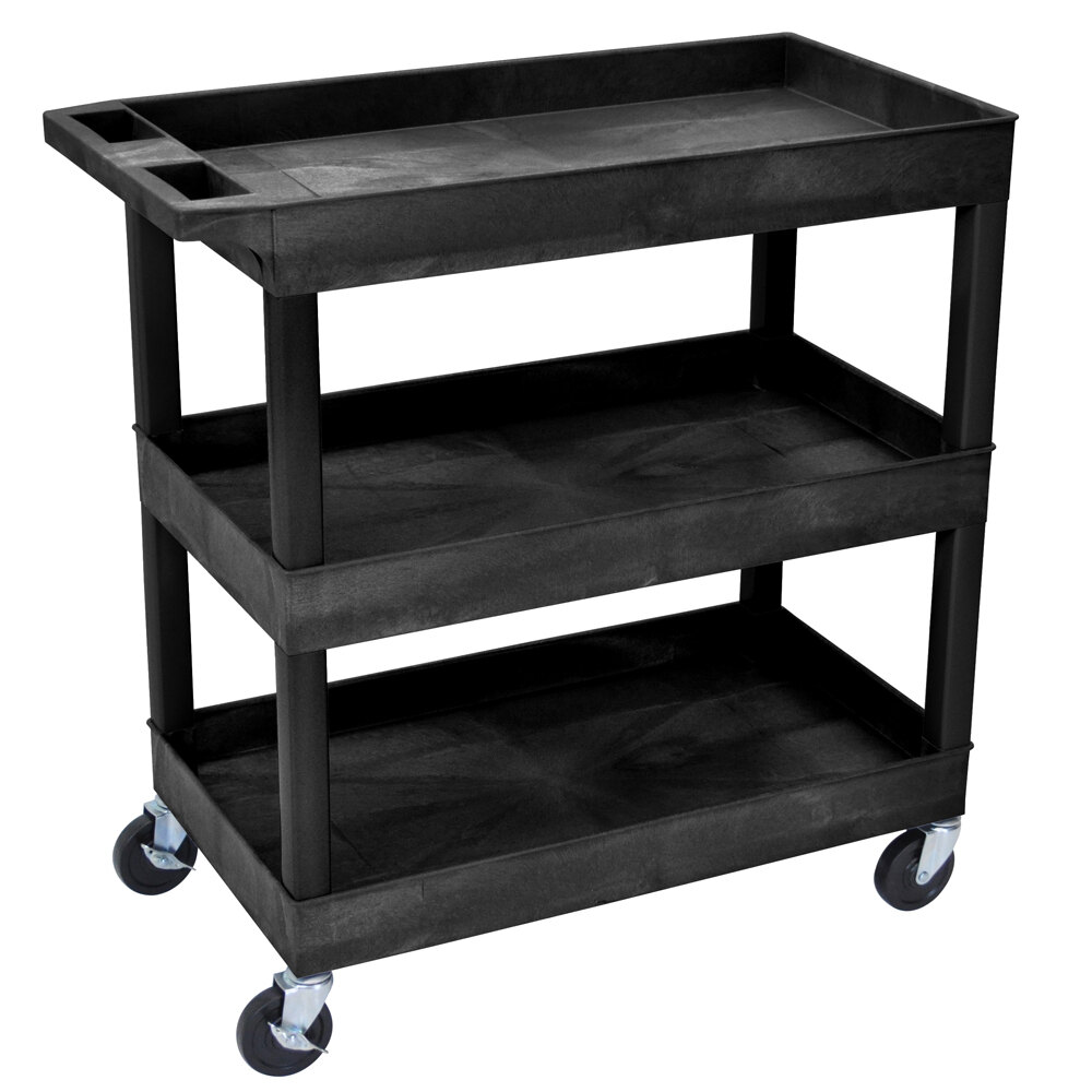 Luxor EC111B Black Three Tub Shelf Utility Cart 18" x 35 1/4" x 36 1/4"