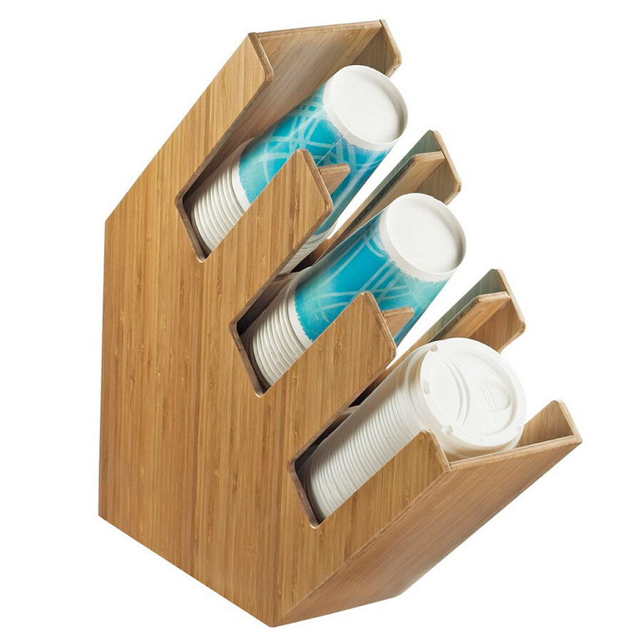 CalMil 2048360 Bamboo 3Section Slanted Countertop Cup and Lid Organizer