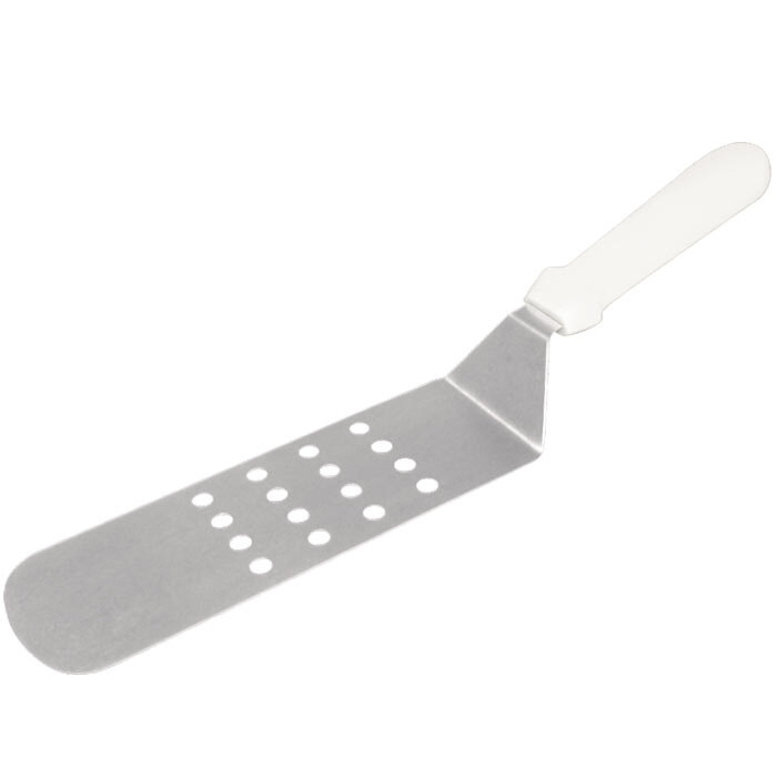 8 1/2" x 3" Perforated Turner with Round Blade and White Plastic Handle